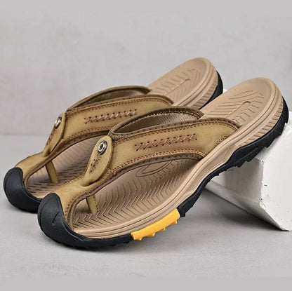Belro men's water-resistant lightweight toe flip flops showing black straps and cushioned footbed for comfortable wear