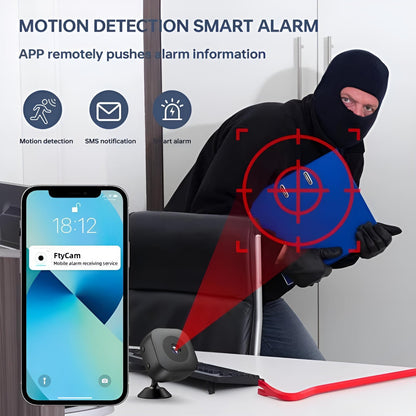 Wireless mini security camera by Belro, showing a compact electronic surveillance device with lens and mounting base.
