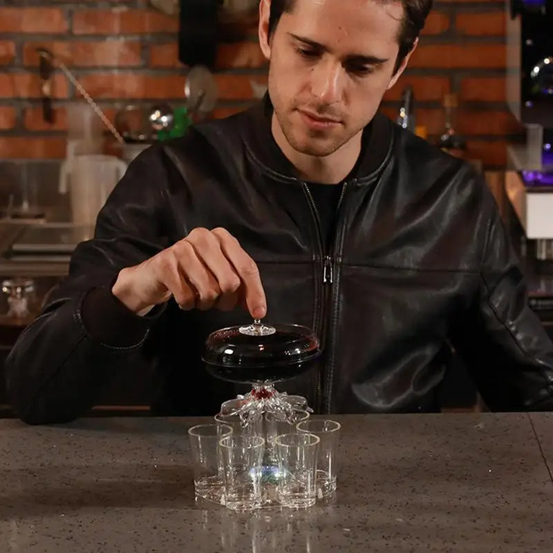 Belro 6-shot glass drink dispenser with clear plastic and multiple small shot glasses for beverage serving.