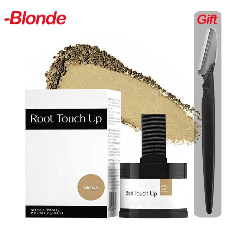 Belro Hairline Powder for thinning hair, showing a close-up of the powder applicator and hairline coverage for fuller look.