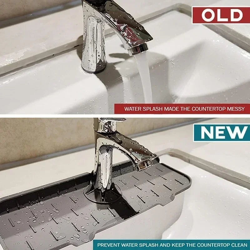 Belro kitchen silicone sink splash protector in use, preventing water splashes around the sink in a modern kitchen setting.