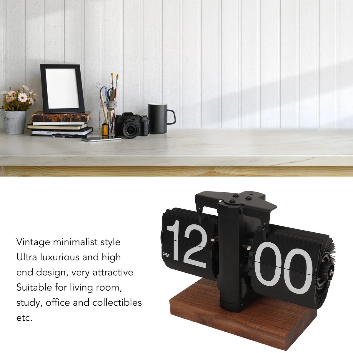 Belro retro flip clock on a desk, showcasing vintage-style white and black numbers for home or office decor.