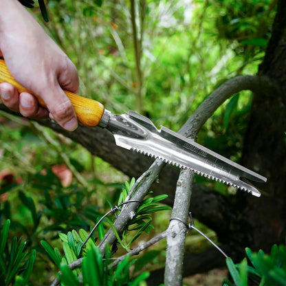 Belro 5-in-1 stainless steel weed puller with beech handle, garden tool for easy weed removal in outdoor gardening.