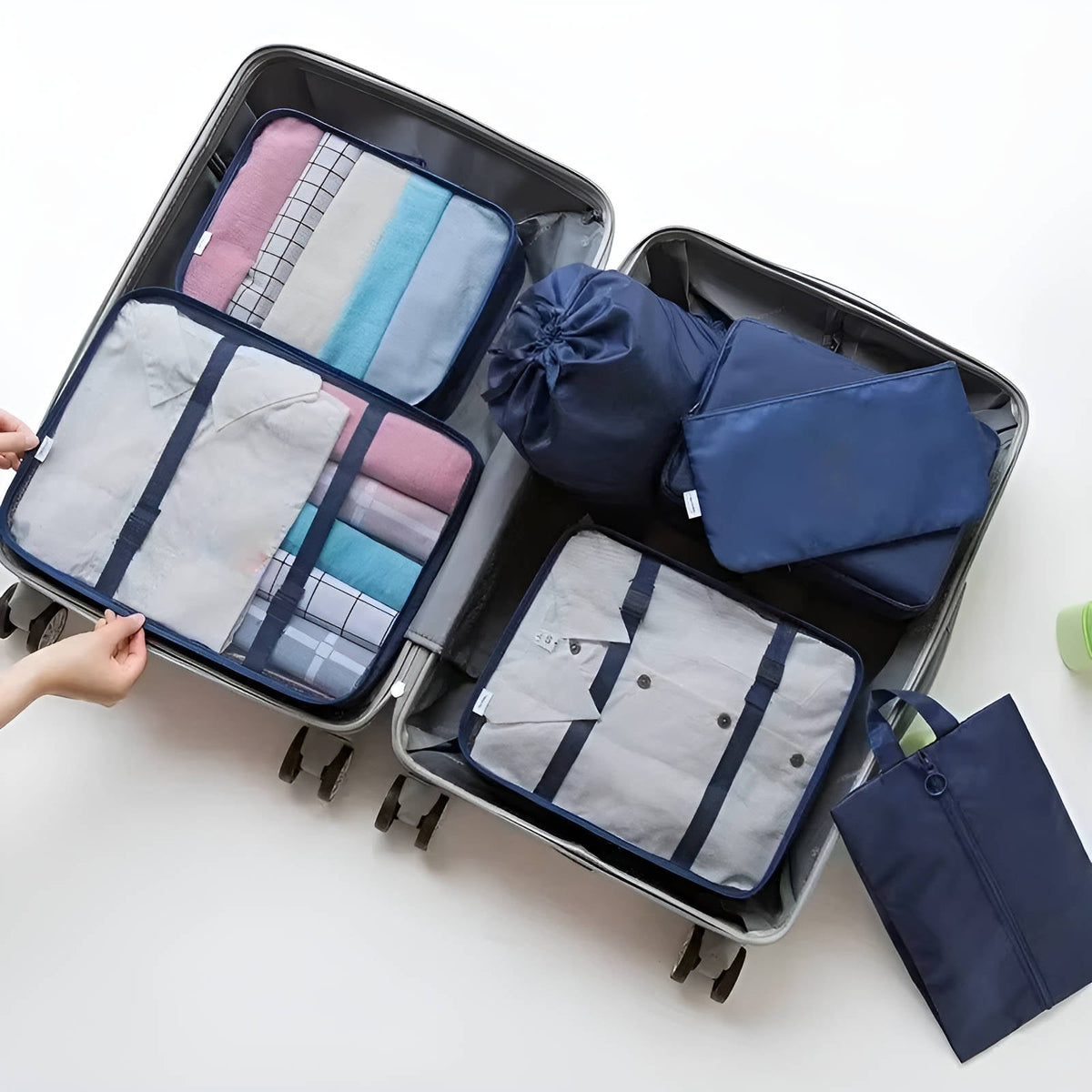 Set of seven Belro travel packing cubes in various sizes for organized luggage storage and efficient packing.