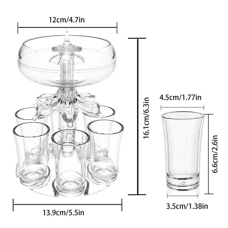 Belro 6-shot glass drink dispenser with clear plastic shot glasses and spout, perfect for parties and gatherings.