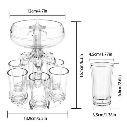 Belro 6-shot glass drink dispenser with clear plastic shot glasses and spout, perfect for parties and gatherings.