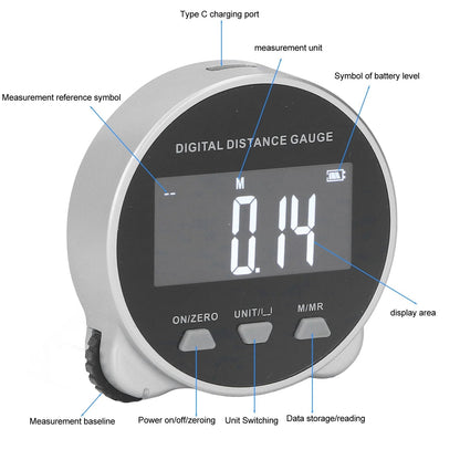 Belro smart digital tape measure with LCD display, showing measurements in centimeters and inches, in a close-up view.