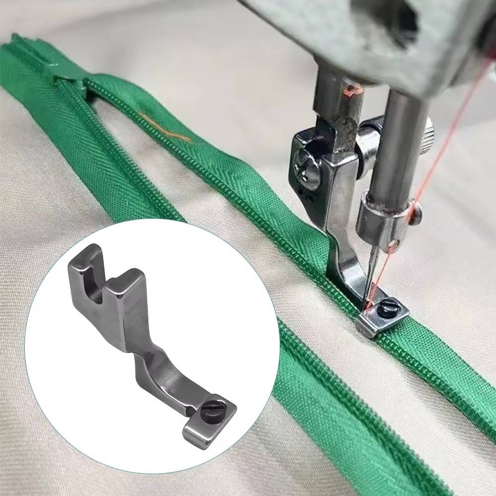 Belro T69 Invisible Zipper Presser Foot for men's clothing sewing, showing the attachment and metal construction.