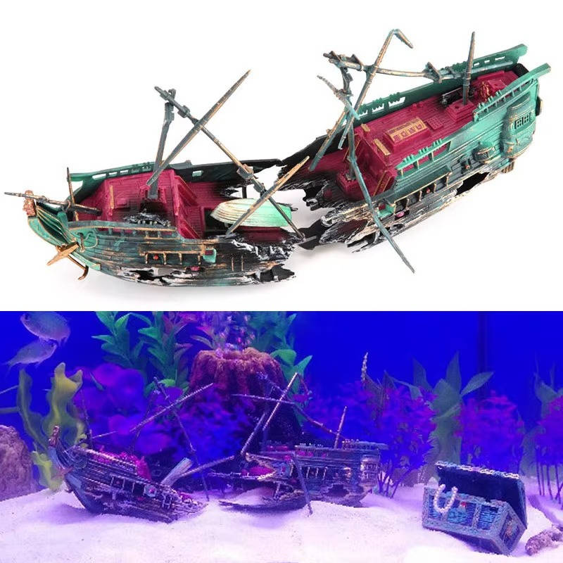 Belro Large Aquarium Boat Decoration for fish tanks, realistic plastic boat ornament for underwater display.