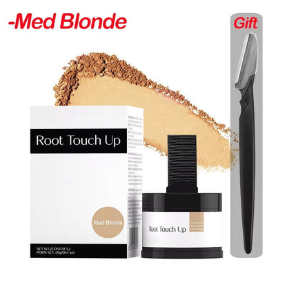 Belro Hairline Powder for thinning hair; close-up of the product container with powder application brush and textured hair background.