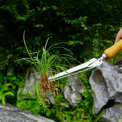 Belro 5-in-1 stainless steel weed puller with beech handle, outdoor garden tool for easy weed removal and garden maintenance.
