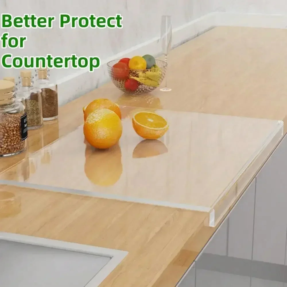 Clear acrylic Belro cutting board with built-in counter lip for easy food prep and serving in the kitchen.
