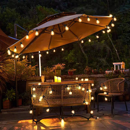 Belro LED outdoor string lights hanging in a garden, perfect for outdoor home and garden decor, providing warm ambient lighting.