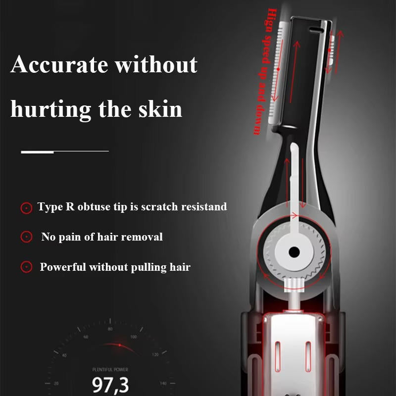 Belro eyebrow trimmer with sleek electronic design, showing the compact device and precision trimming head.