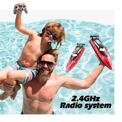 Belro RC boat toy on water, colorful small remote-controlled boat for kids and hobbyists, in a playful aquatic setting.