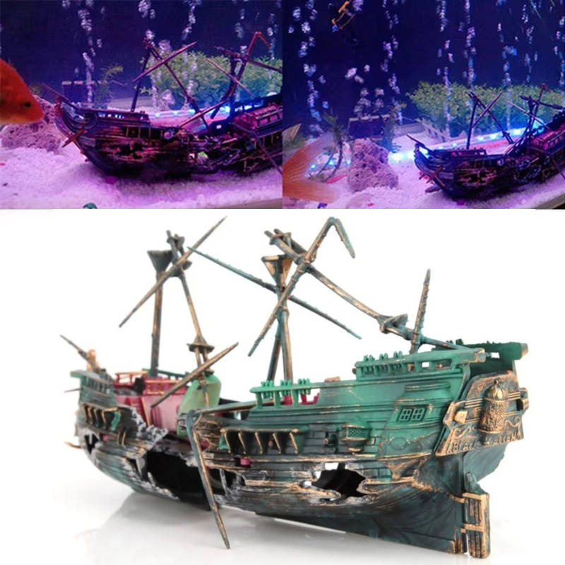 Large Belro aquarium decoration boat for fish tanks, realistic plastic boat replica for underwater decor in pet aquariums.