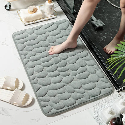 Belro Cobblestone Embossed Bathroom Mat with textured stone pattern, soft and absorbent rug for bathroom decor.