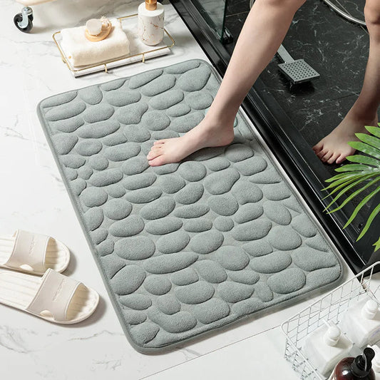 Belro Cobblestone Embossed Bathroom Mat with textured stone pattern, soft and absorbent rug for bathroom decor.