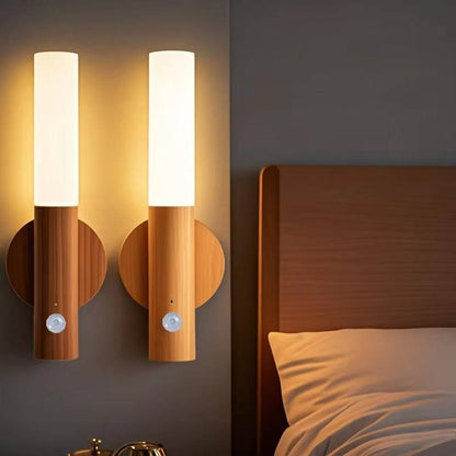 Belro plug-in motion sensor night light illuminating a bedroom, energy-efficient LED night light for automatic lighting.
