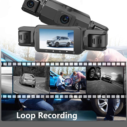 Belro wireless dash cam with front and rear cameras, night vision, mounted on a vehicle dashboard for recording driving footage.