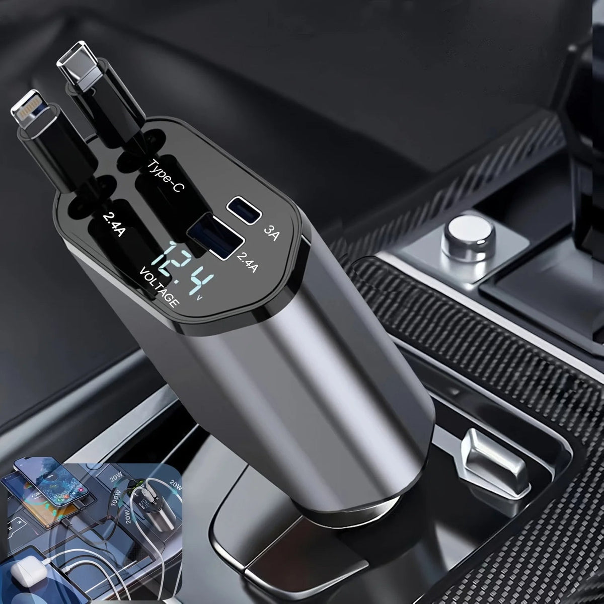 Belro 120W retractable car charger for electronics, with adjustable cord and multiple charging ports visible in the image.