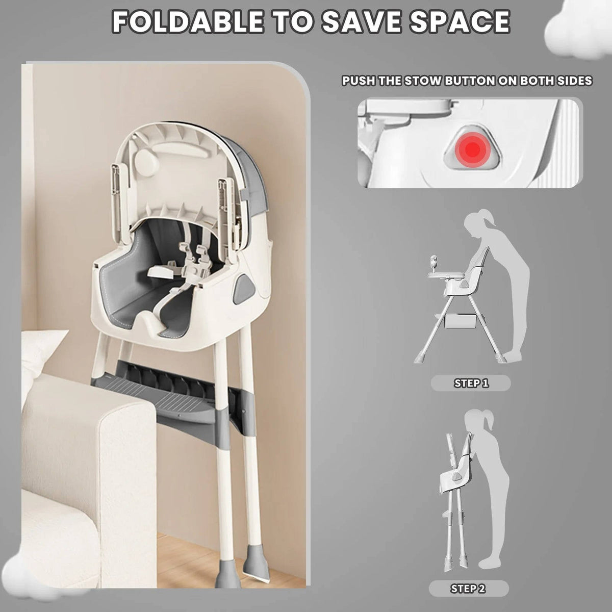 Foldable baby high chair by Belro, compact and portable, with a safety harness and foldable design for easy storage.