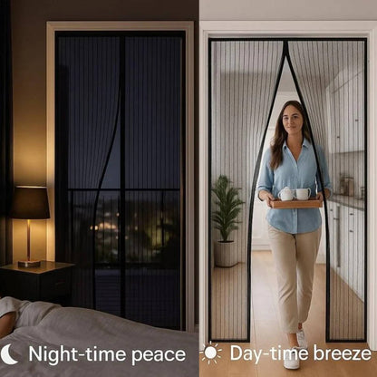 Belro magnetic screen door in custom sizes, hanging on a door frame, designed for easy hands-free use and insect protection.