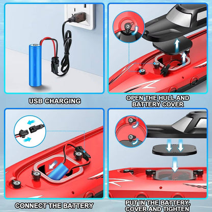 Belro RC boat toy floating on water with colorful design, perfect for outdoor play and aquatic adventures.