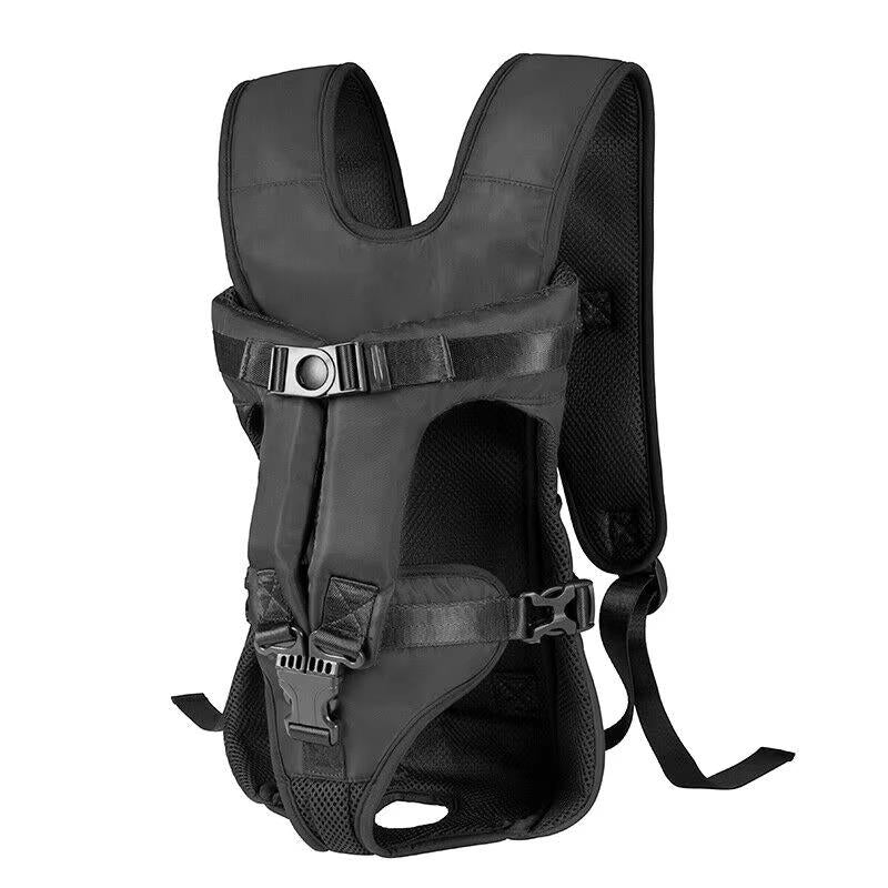 Belro dog carrying backpack in black, designed for pet travel, with mesh sides for ventilation and adjustable straps.