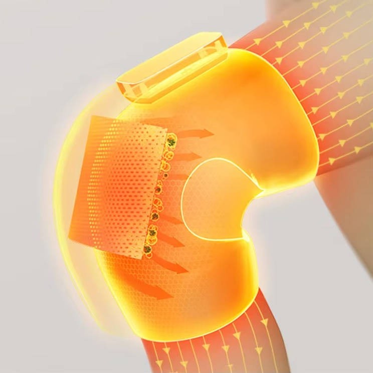 Belro cordless knee massager with heat and vibration, shown with suspenders for pain relief and muscle relaxation.