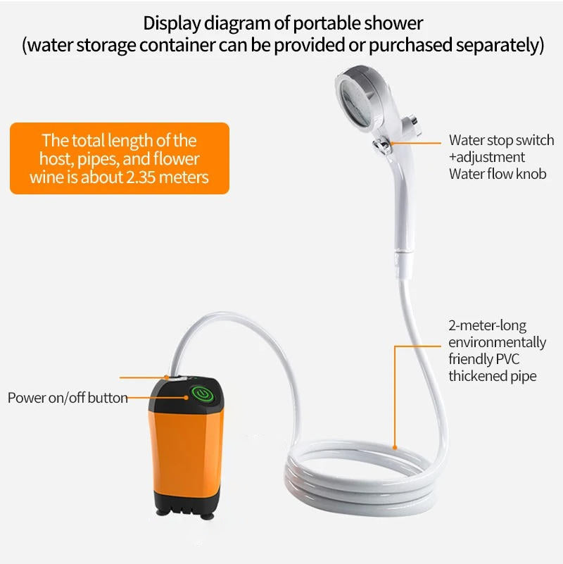 Portable camping shower by Belro with a white water bag, hose, and showerhead for outdoor camping and outdoor shower use.