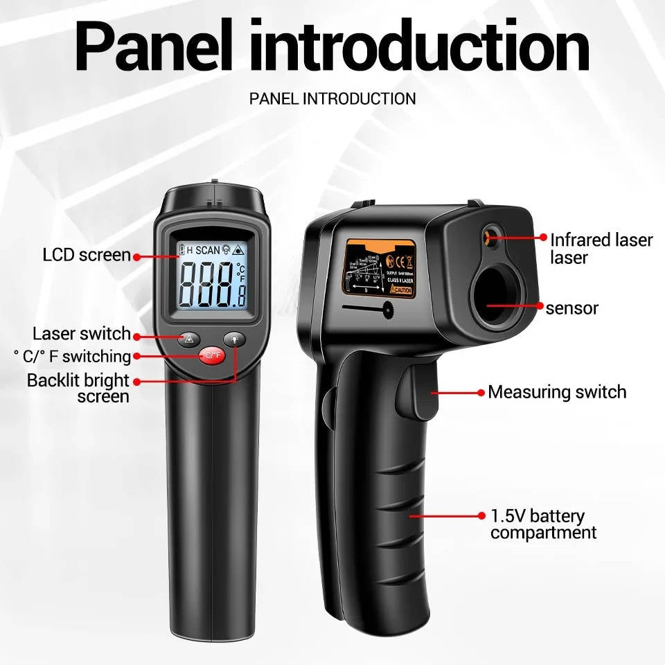 Belro infrared laser thermometer showing a digital display and laser pointer, used for quick temperature readings.