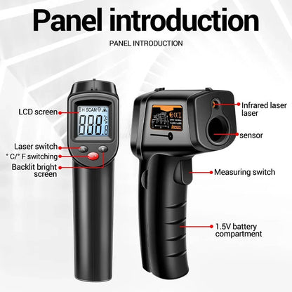 Belro infrared laser thermometer showing a digital display and laser pointer, used for quick temperature readings.