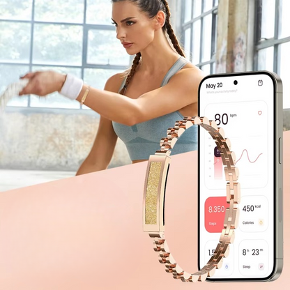 Mivoza smart fitness bracelet with stainless steel jewelry style and Bluetooth tracker, worn on wrist.