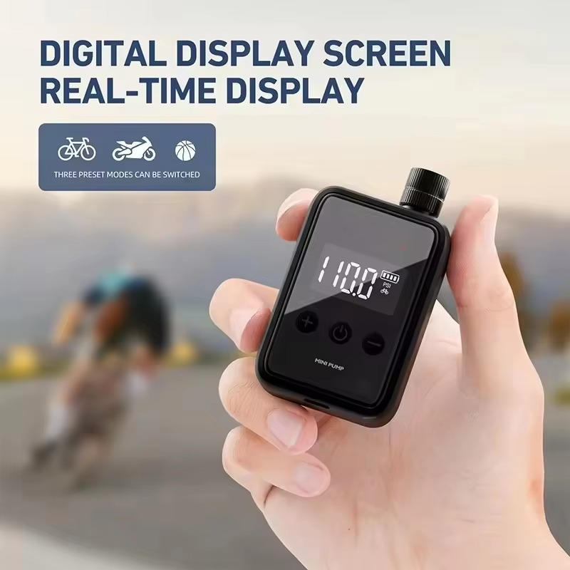 Belro electric mini bike pump for home and outdoor use, compact and portable air pump with digital display for inflating tires.