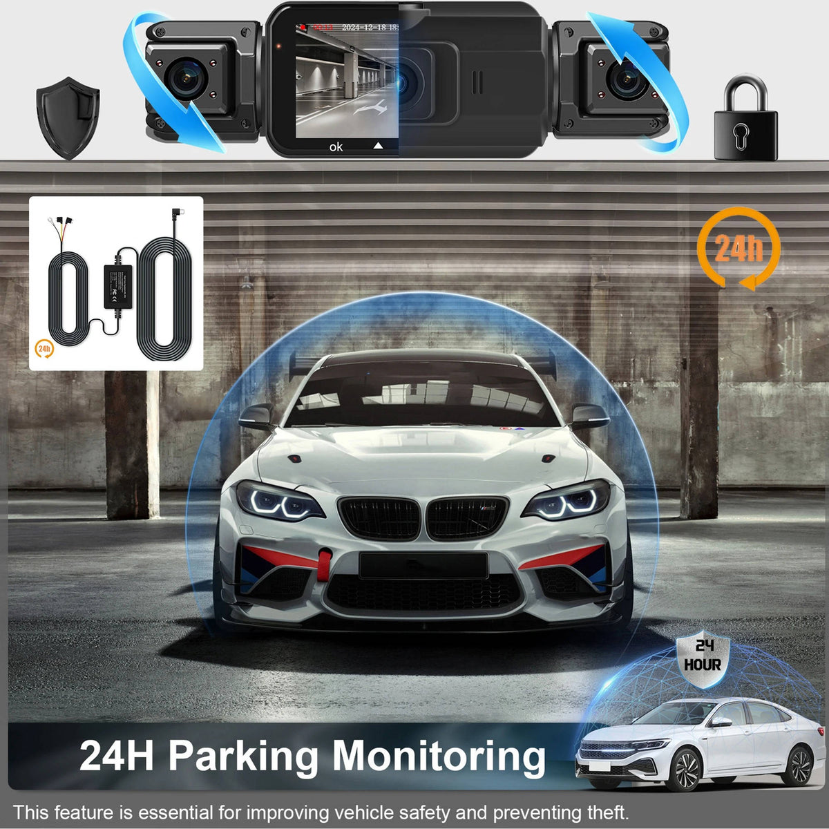 Belro wireless car dash cam with front and rear cameras, night vision, mounted inside vehicle showing camera lenses and dashboard.