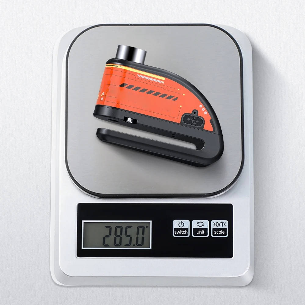 Belro motorcycle disc lock alarm with key and sensor, designed for secure outdoor bike protection.