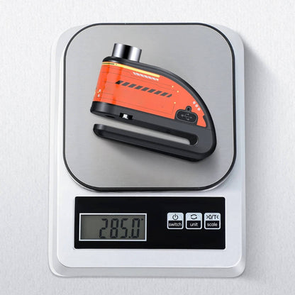 Belro motorcycle disc lock alarm with key and sensor, designed for secure outdoor bike protection.