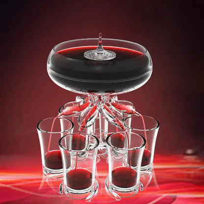 Belro 6-shot glass drink dispenser with clear glass shot glasses and metallic dispenser, ideal for party beverage service.