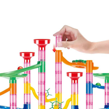 Colorful marble run toy by Belro with plastic tracks and marbles, designed for fun and educational play for children