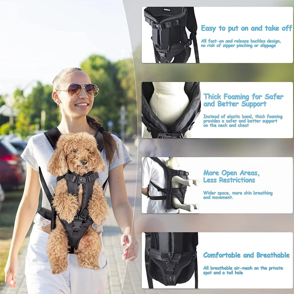 Belro dog carrying backpack in black with mesh ventilation and adjustable straps, designed for comfortable pet travel.
