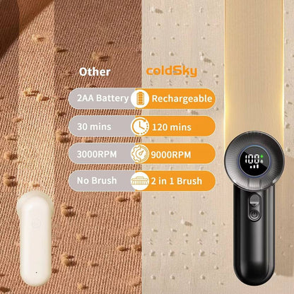 Belro fabric shaver for home and outdoor use, showing a close-up of the handheld device with a blue and white design.