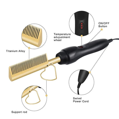 Belro hot comb for black, thick, coarse hair, showcasing the sleek, heated comb designed for targeted hair styling and straightening.