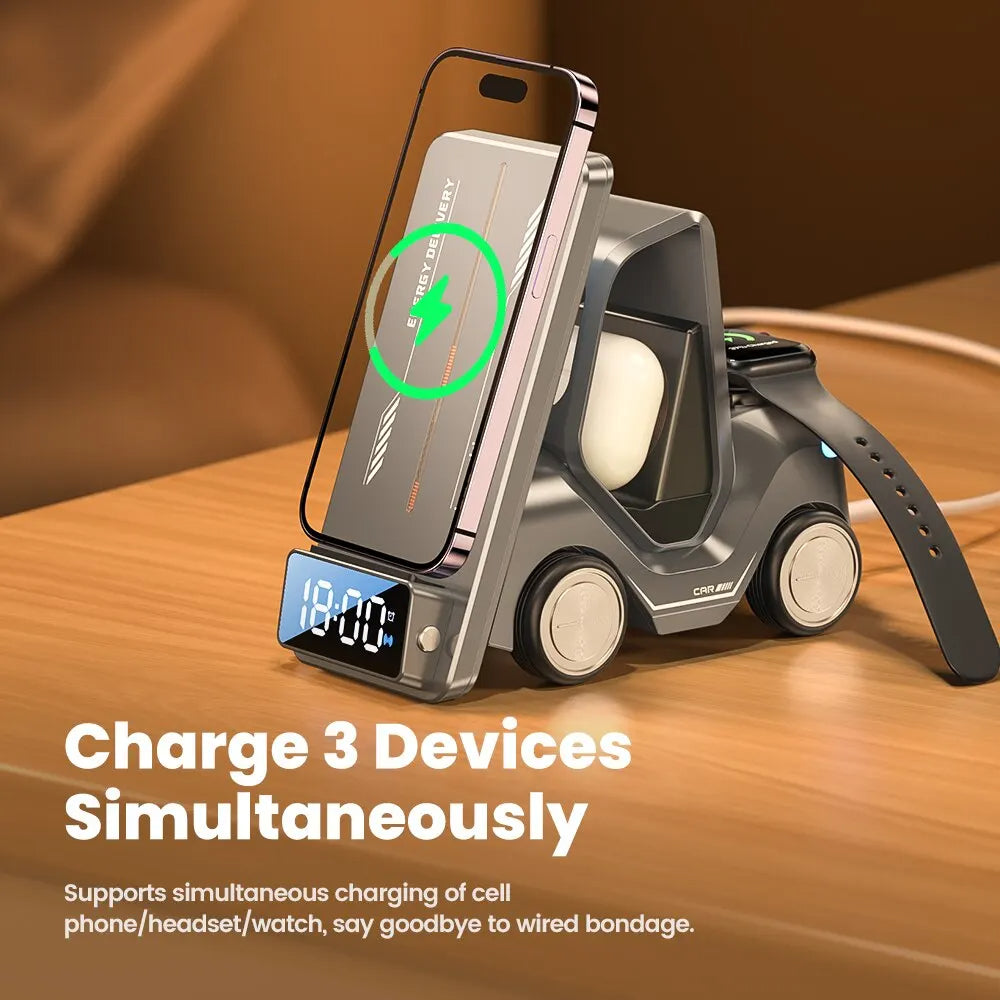 Belro 5-in-1 forklift design wireless charger with alarm clock and night light, featuring a sleek electronic power and charging device.