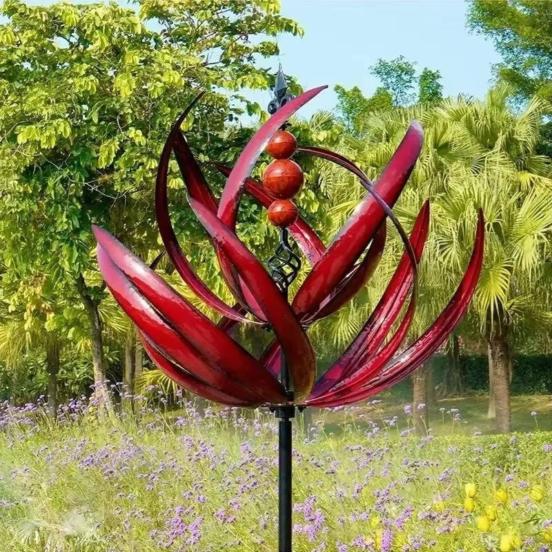 Colorful metal wind spinner by Belro, outdoor garden decor featuring spinning blades for visual movement and aesthetic appeal.