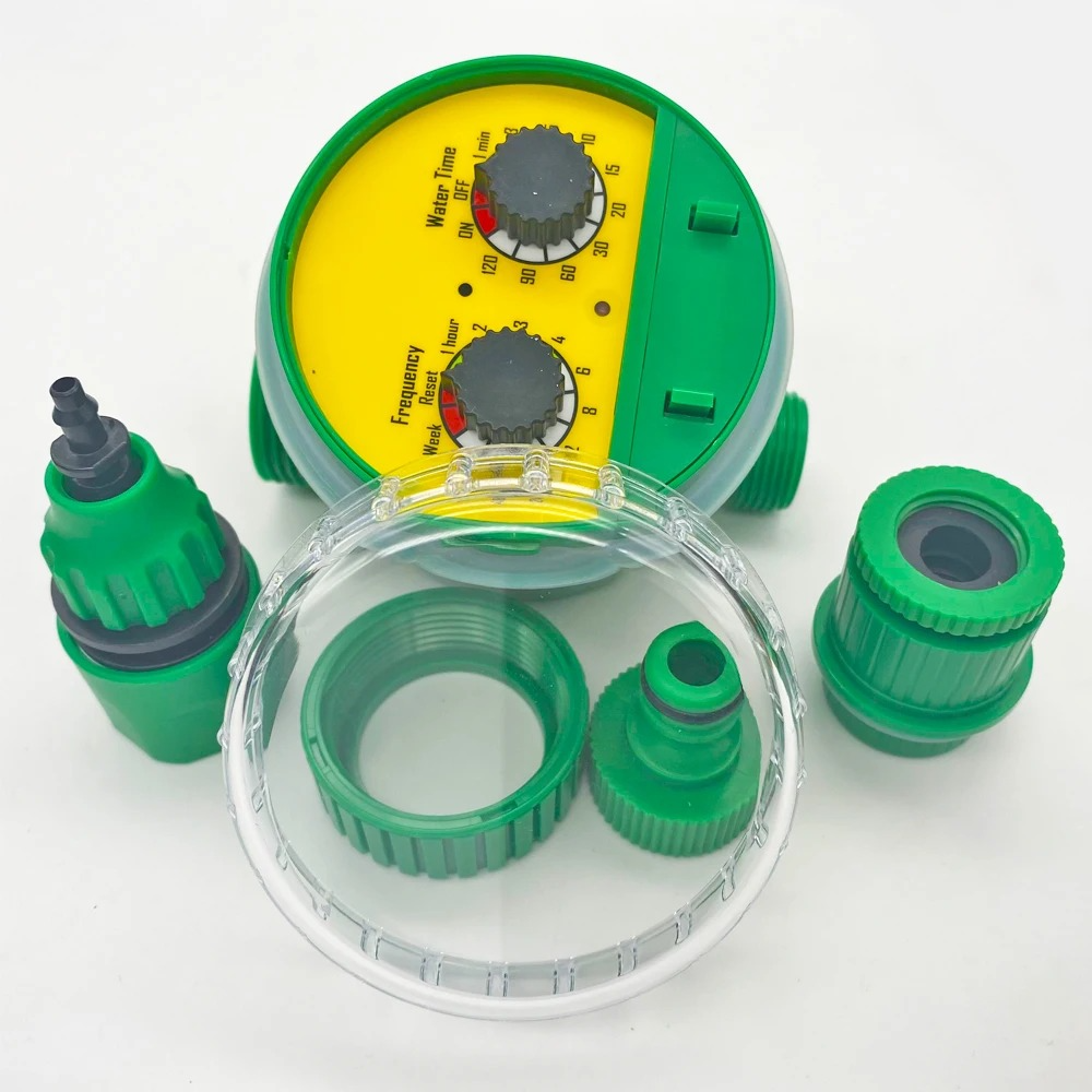 Belro drip irrigation system with automatic timer, tools and hardware setup showing tubing, connectors, and control unit for efficient watering.