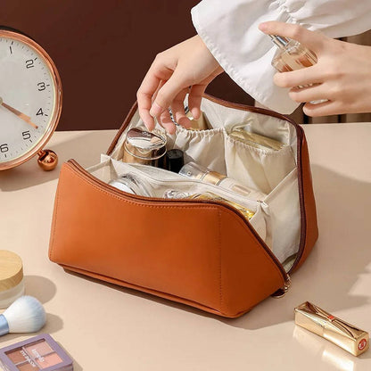 Belro cosmetics storage bag for travel, compact fabric organizer with multiple compartments for makeup and toiletries.