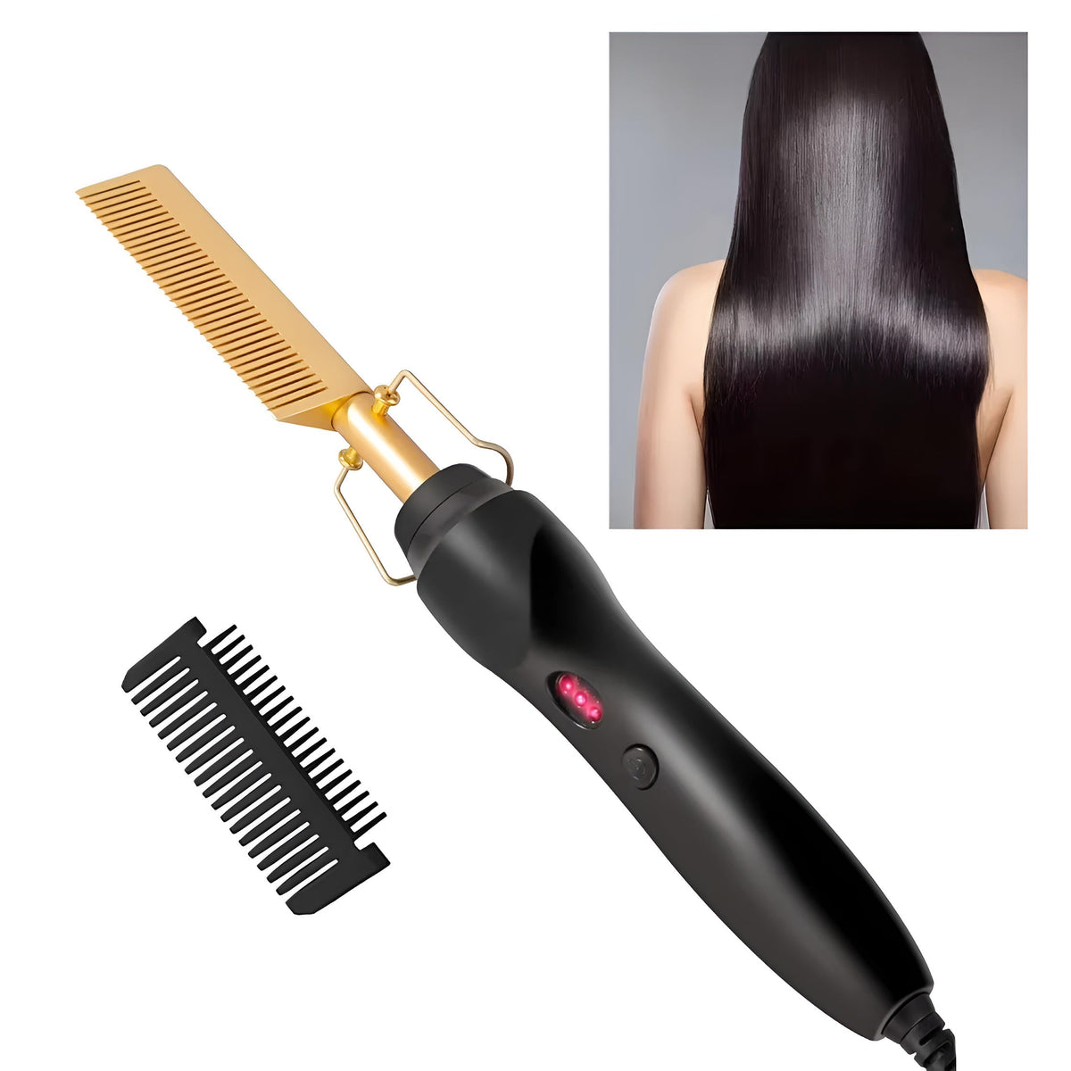 Belro hot comb for black, thick, and coarse hair, showcasing a sleek black styling tool on a white background.