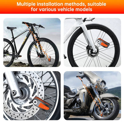 Belro motorcycle disc lock alarm attached to a motorcycle wheel, showcasing security features and compact design.