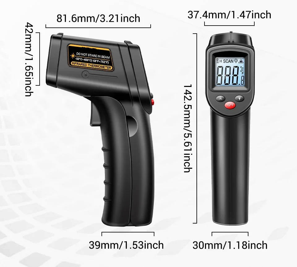 Belro Infrared Laser Thermometer showing digital display and laser targeting, used for quick forehead temperature readings.